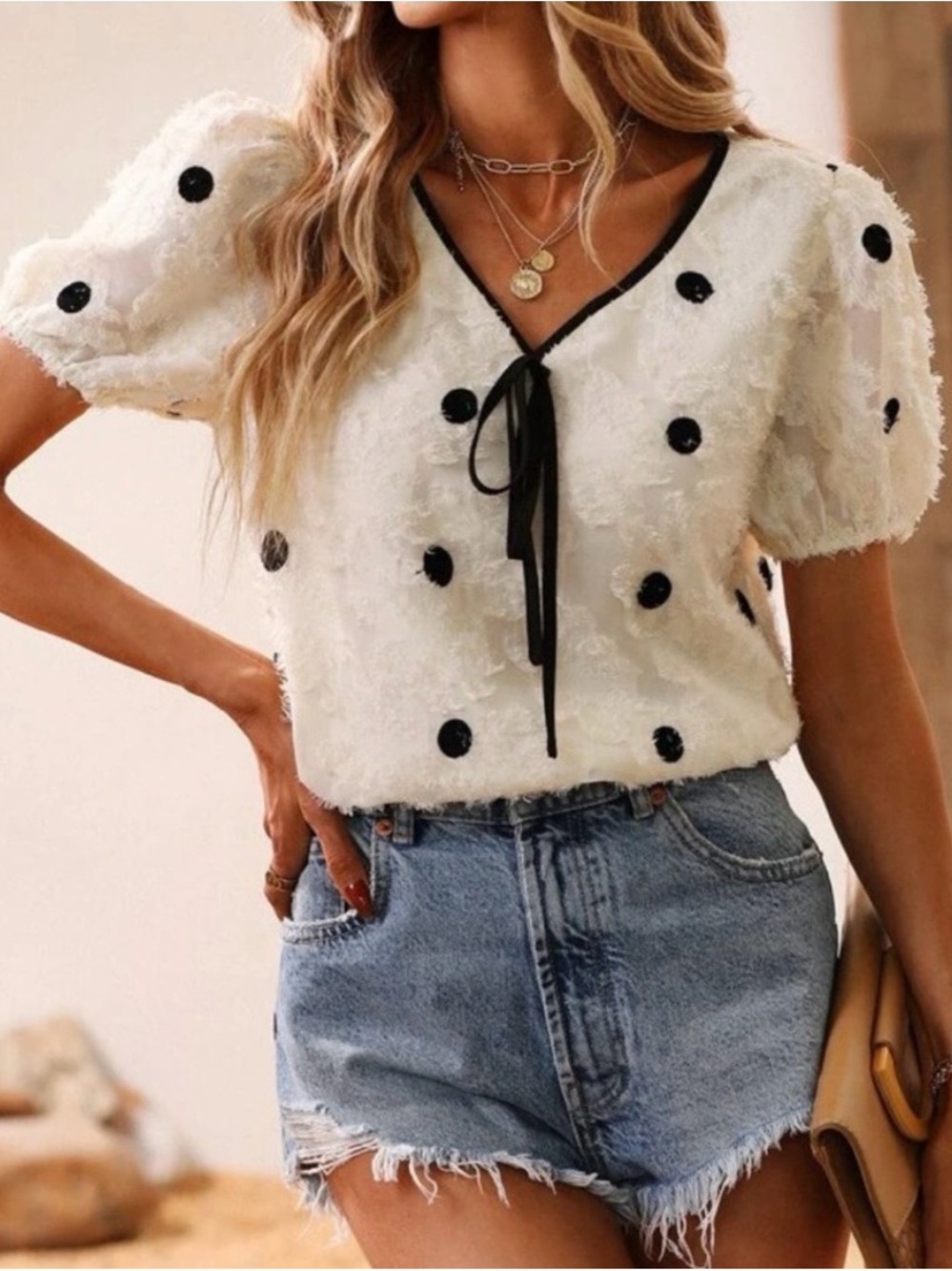 Women’s White Puff Sleeve Polka Dot Top with Black Trim